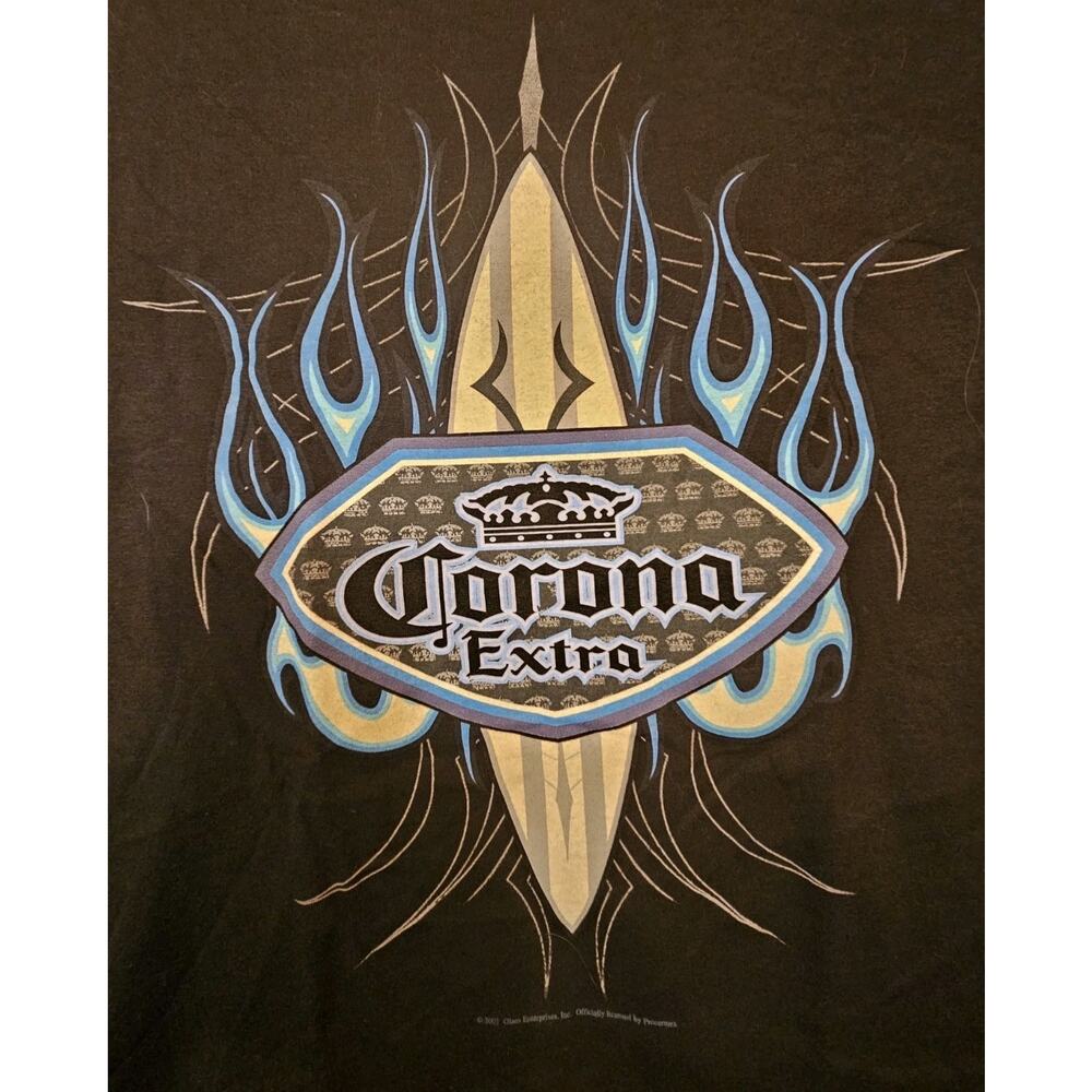 Vtg Corona Extra Shirt Tribal Surfboard T-Shirt XL ODM 2001 Black Blue Flames